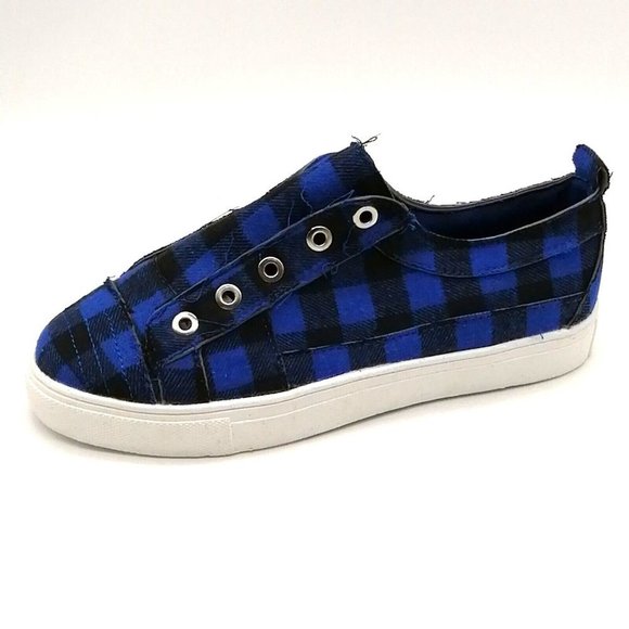 Womens Slip On Sneakers Blue Black Checked Low Top Round Toe Flat Heel 6.5‎ NEW - Picture 1 of 8